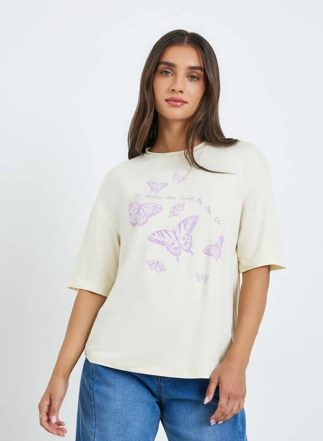Women's Graphic Butterfly T-Shirt Beige