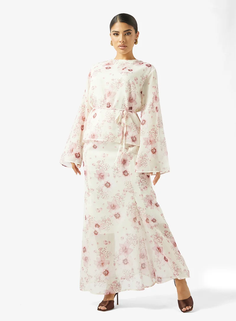 Floral Print Skirt Set Beige