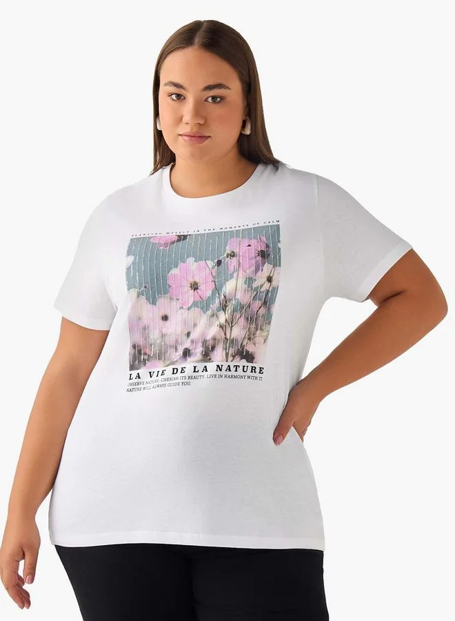 Ulla Popken Graphic Print Cotton T-shirt White