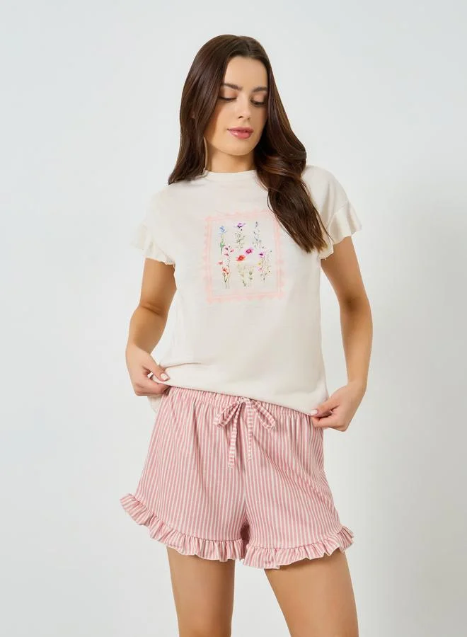 Floral Graphic Ruffle T-Shirt and Shorts Set Pale Pink