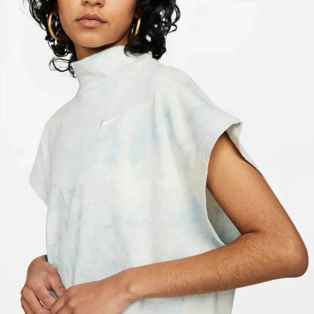 Women's Light Blue Tie-Dye Mini Dress - High Neck, Short Sleeve, Printed – image 4