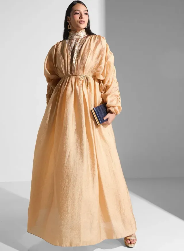 Modest Maxi Dress with High Neck and Sequin Detail – image 4