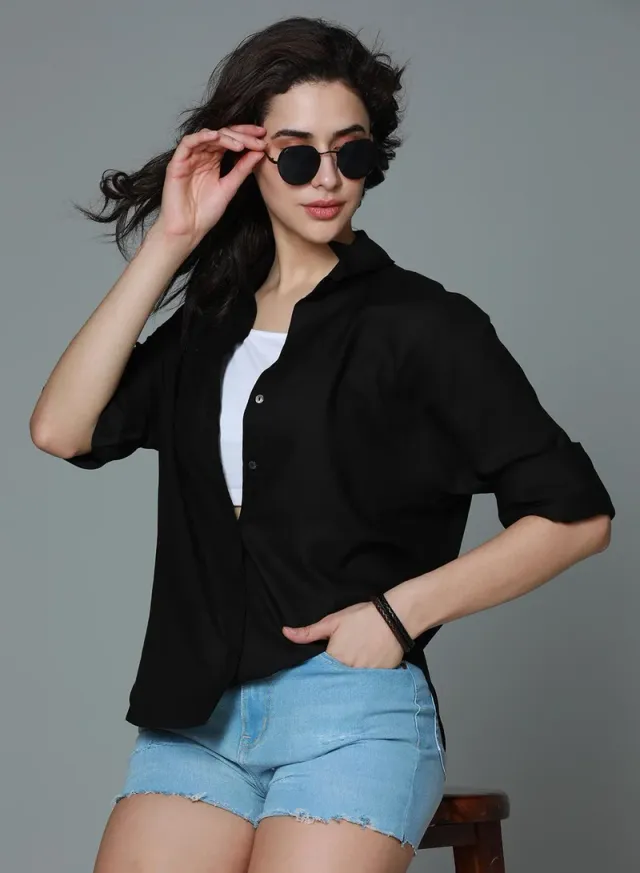 Women's Relaxed Rayon Button Down Shirt Black – image 2