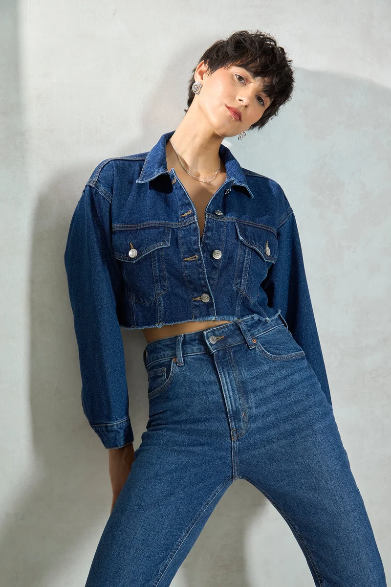 Virgio Women Cotton Collar Neck Crop Length Denim Full Sleeve Jacket