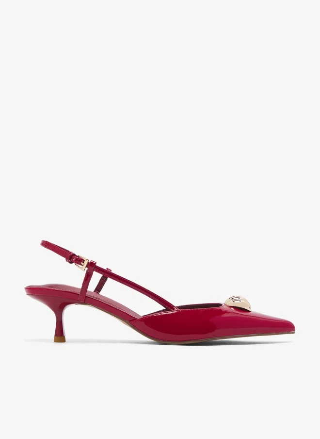 Gold Accent Open Back Mid Heel Pumps Bright Red