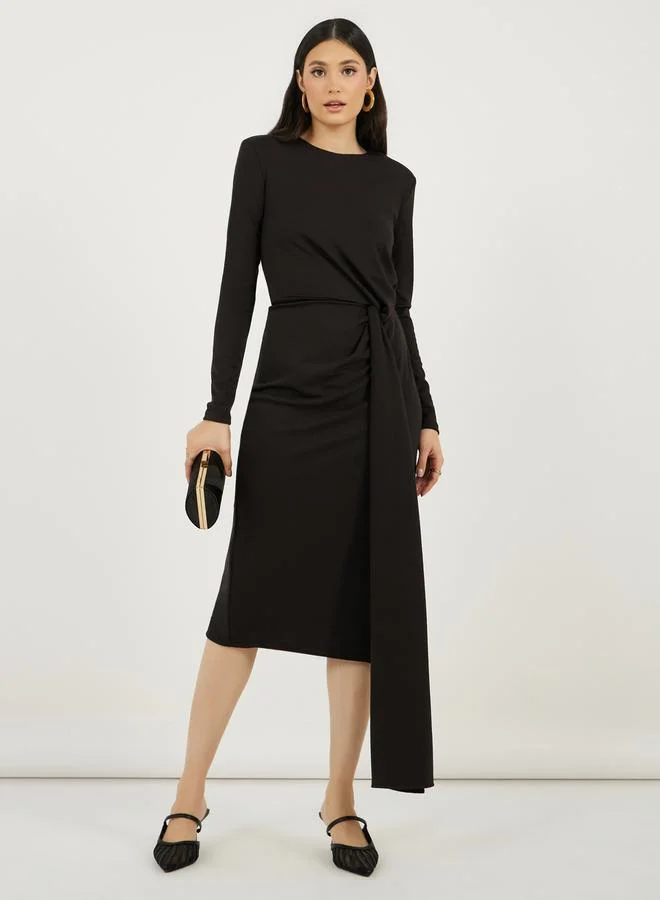 Self-Tie Long Sleeve Sheath Midi Dress