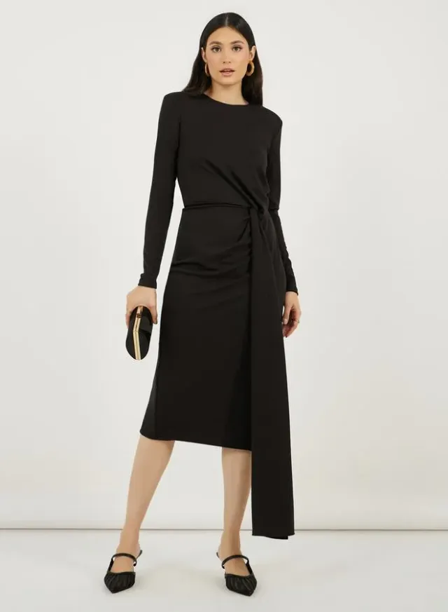 Self-Tie Long Sleeve Sheath Midi Dress
