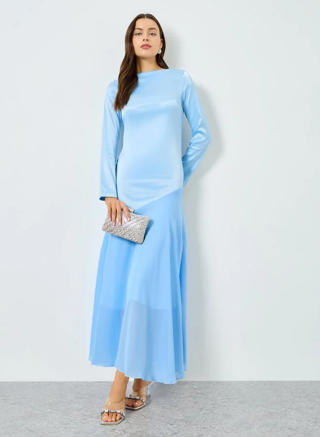 Satin Boat Neck Long Sleeve Maxi Dress Sky Blue