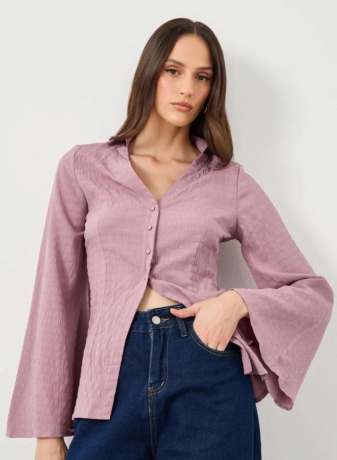 Styli Textured V-Neck Flared Sleeve Shirt Rosewood
