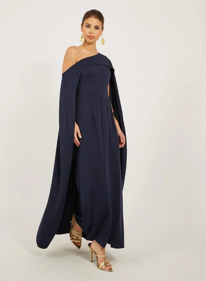 One Shoulder Cape Sleeve Maxi Dress Midnight Blue