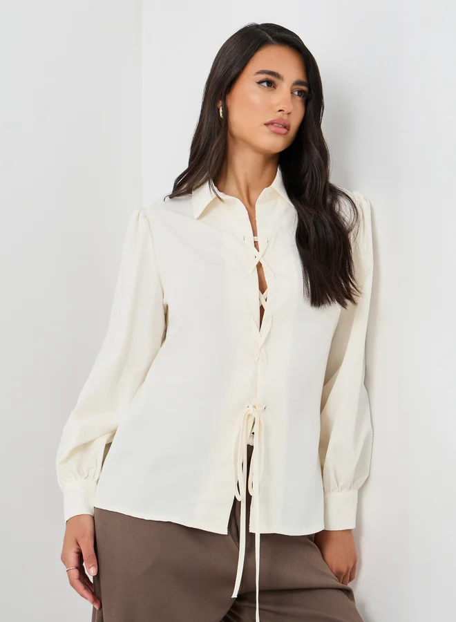 Balloon Sleeve Tie-Up Shirt White