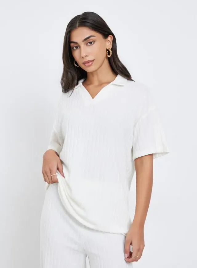 White Ribbed Collared Oversized Short-Sleeve Top – image 3