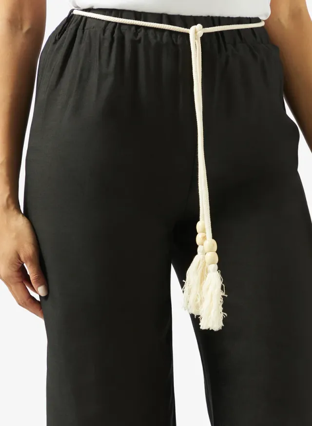 Black Floral Embroidered Ankle-Length Trousers with Elastic Waistband – image 4
