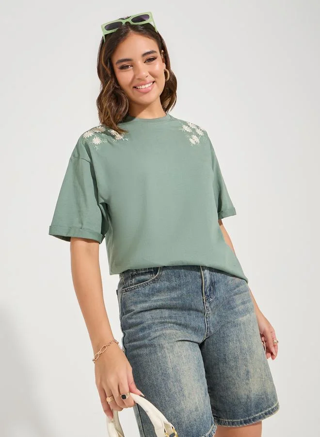 Styli Oversized Embroidered Cotton T-Shirt Green
