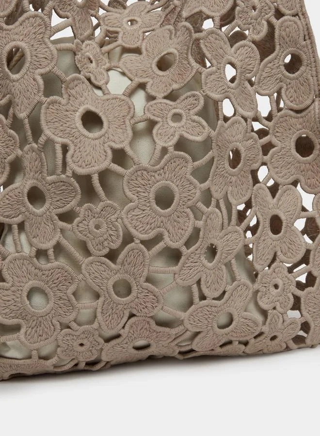 Beige Floral Crochet Tote Bag