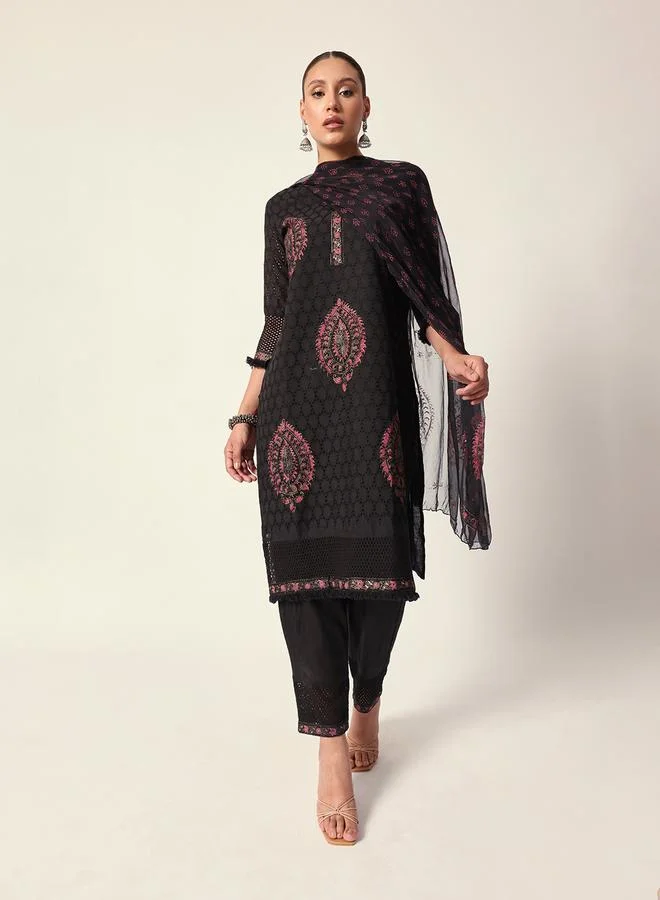 Women's Textured Cotton Kurta Palazzo Set Black