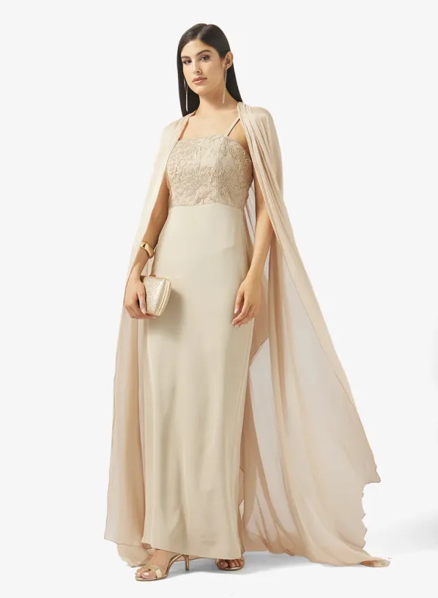 Champagne Maxi Dress with Cape Sleeves and Square Neck – image 5