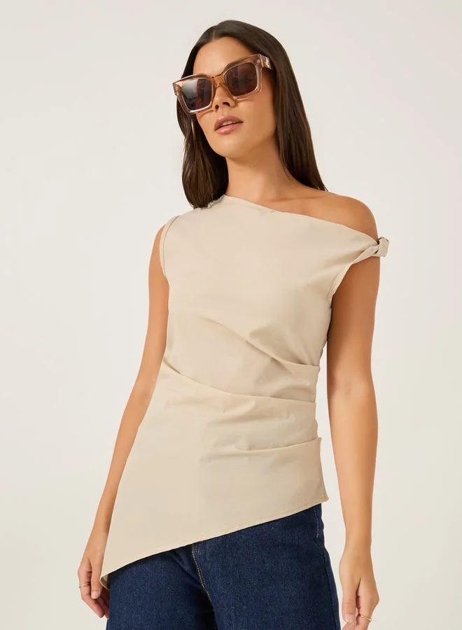Solid Asymmetric One Shoulder Top Pale Beige