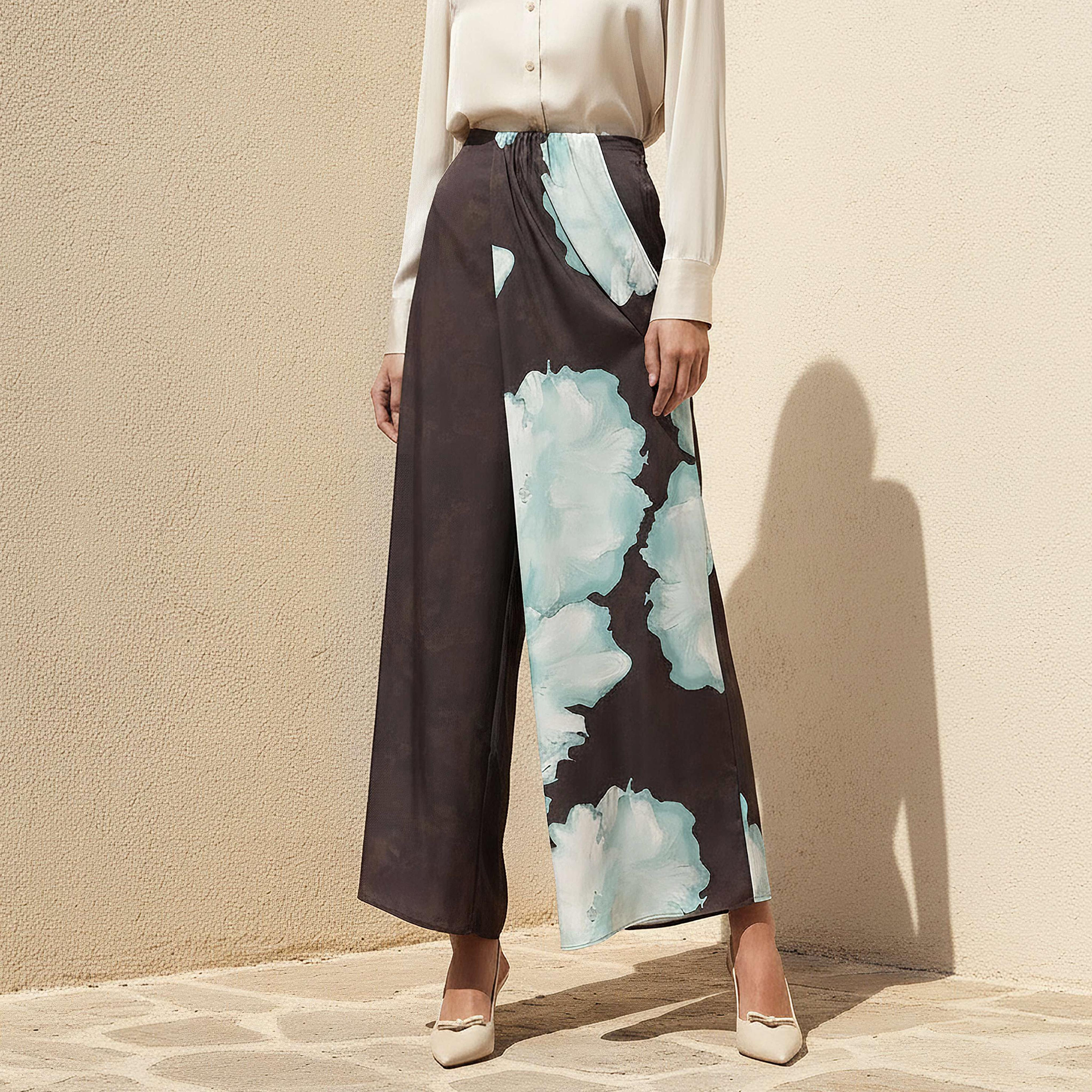 Floral Drape Wide Leg Pants Brown