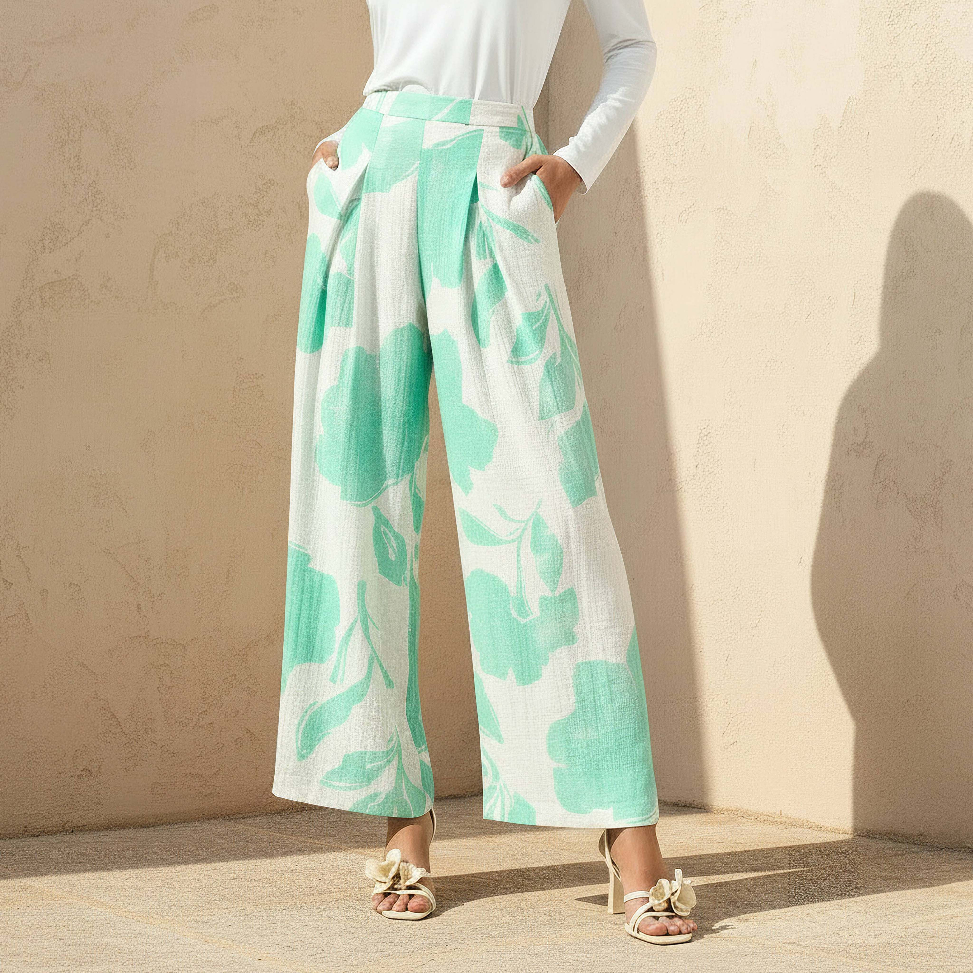 Floral Pleated Wide Leg Pants Green