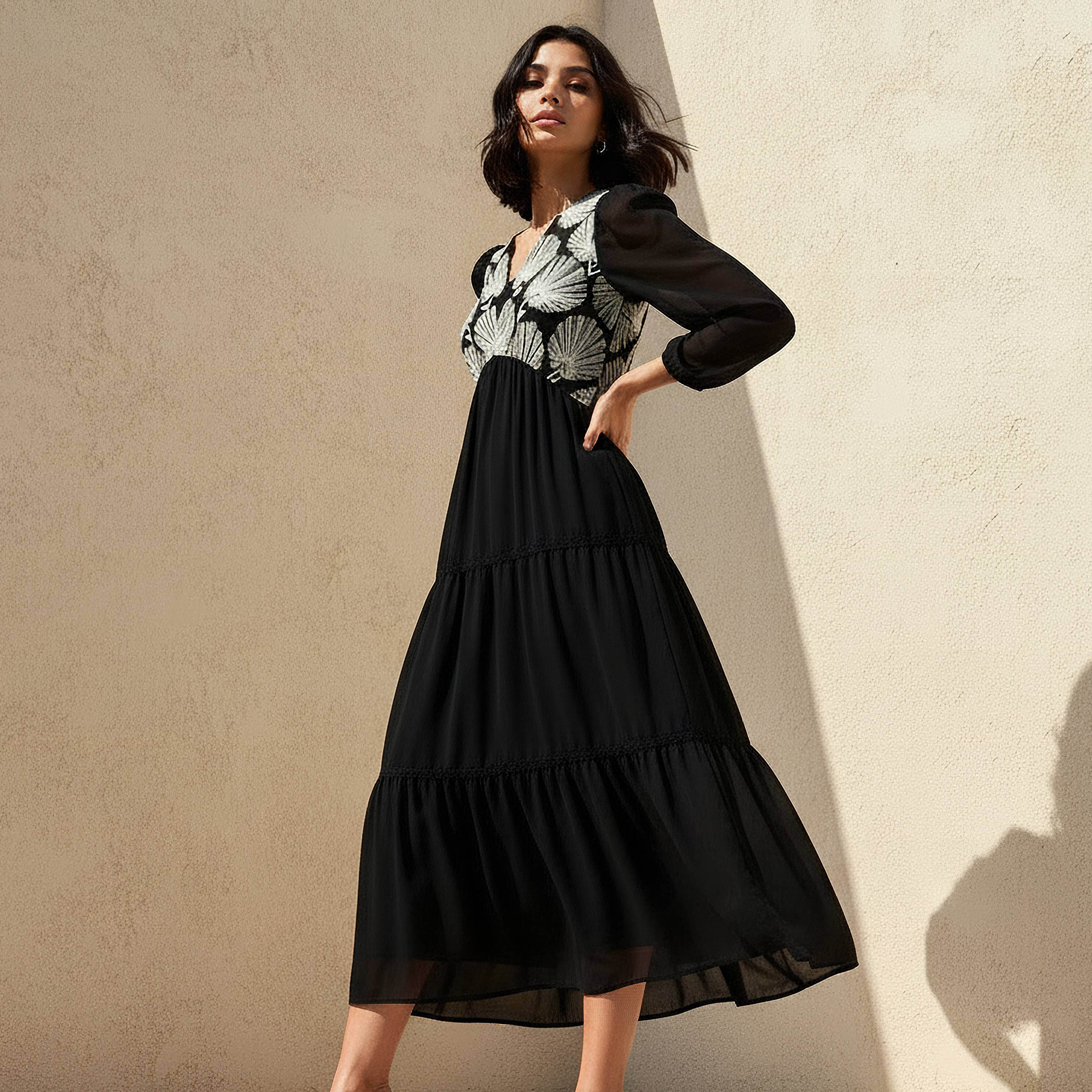 Embroidered A-Line Tiered Dress Black