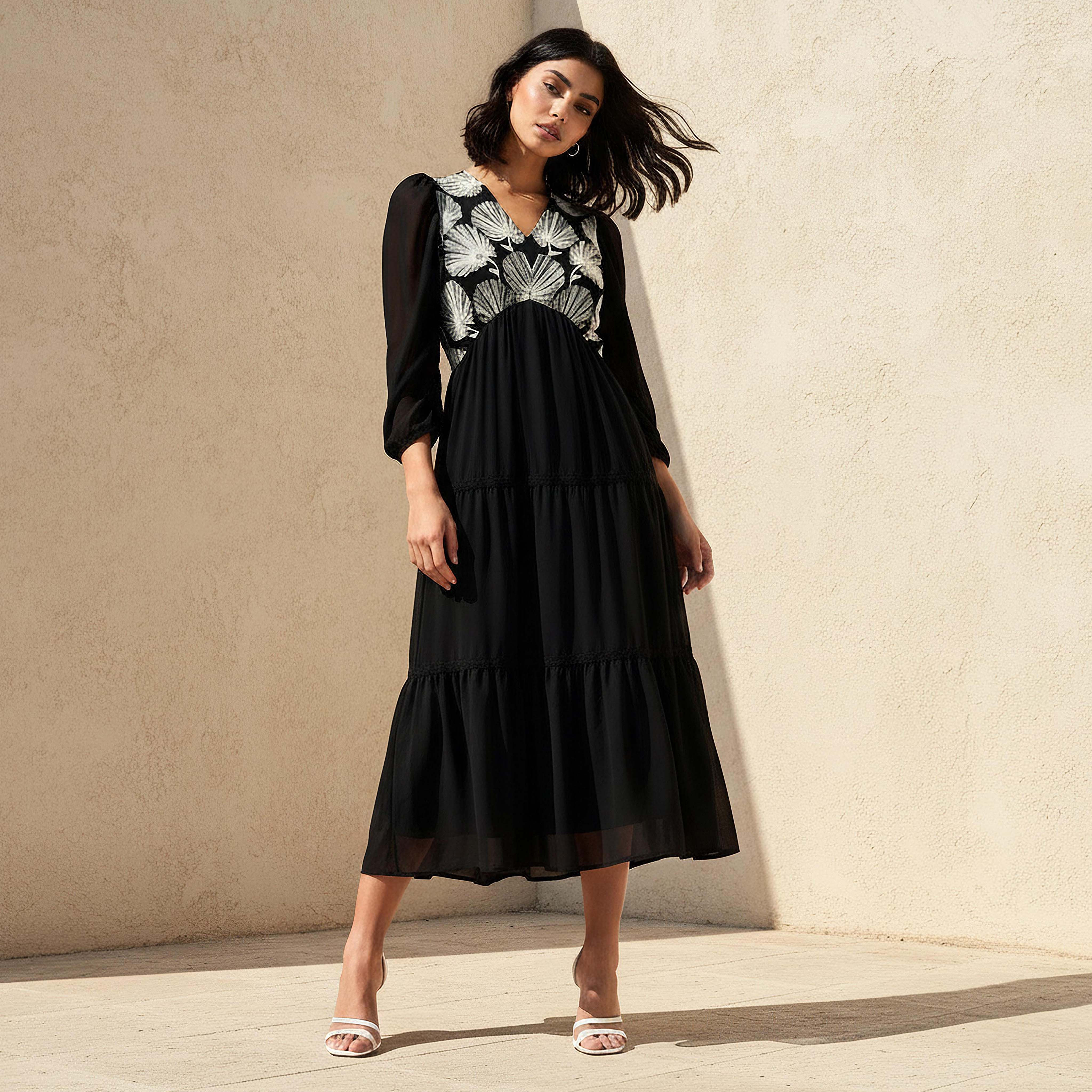 A-Line Tiered Women Dress Embroidered