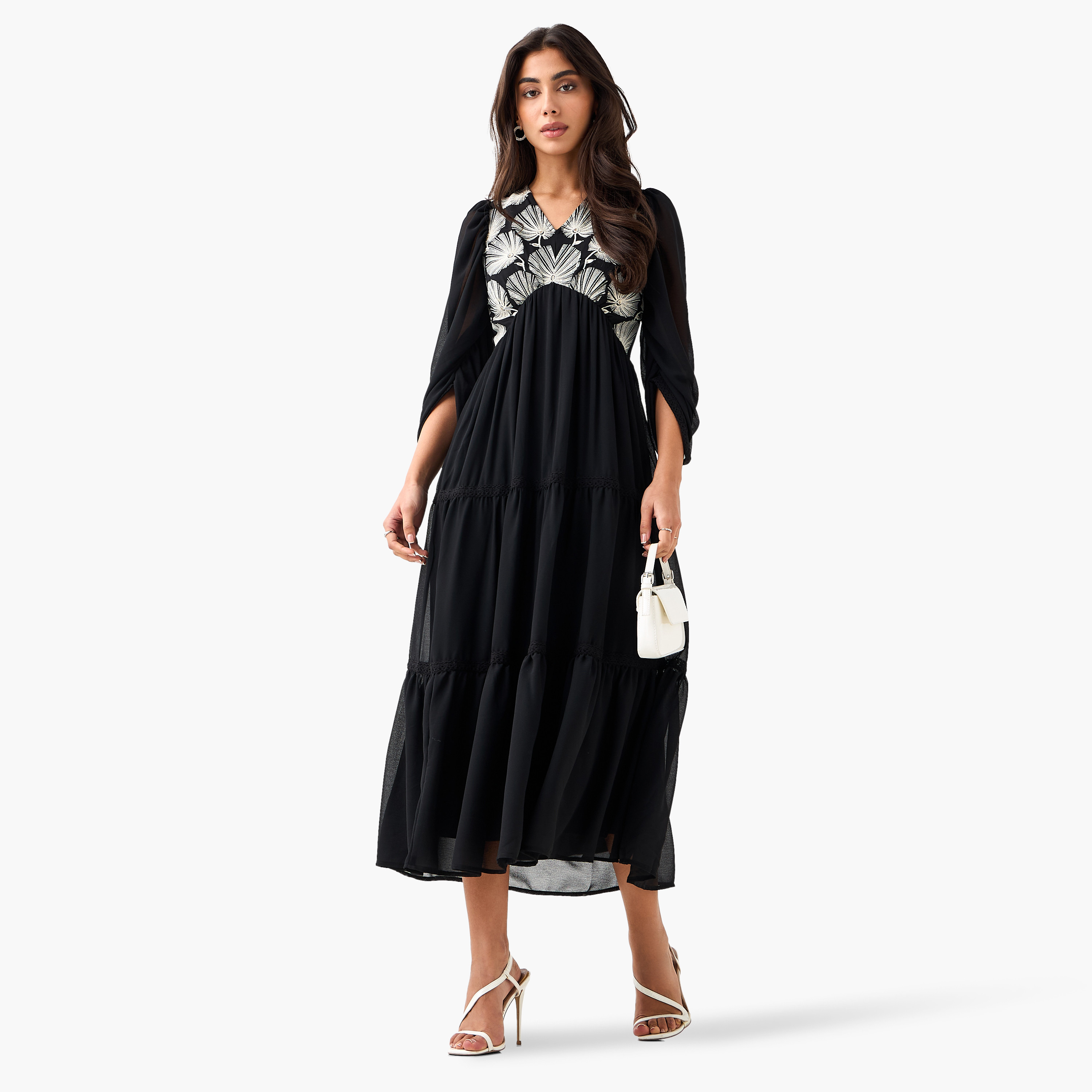 A-Line Tiered Women Dress Embroidered