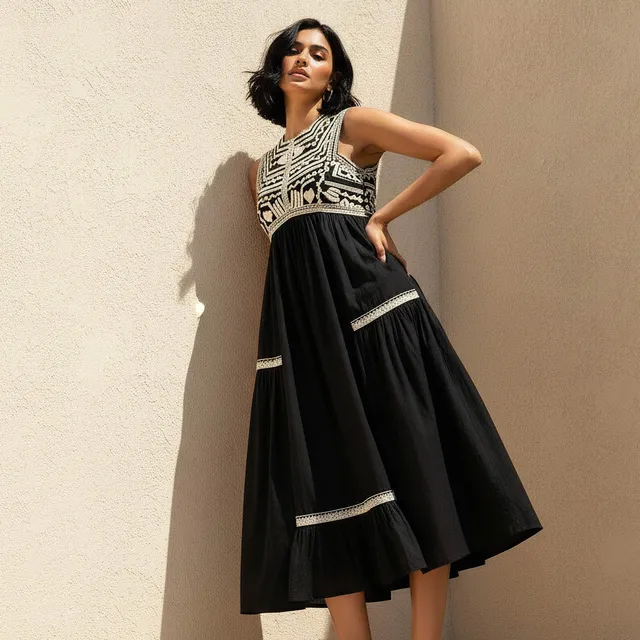 Embroidered Square Neck A-Line Dress
