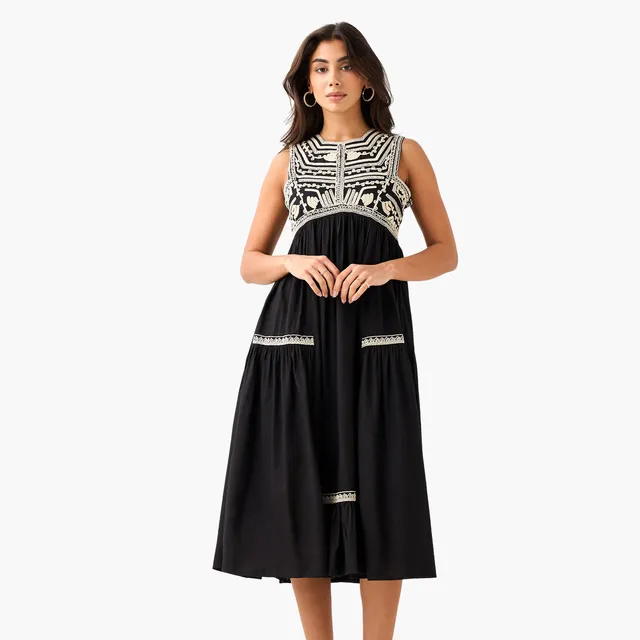 Embroidered Square Neck A-Line Dress – image 2