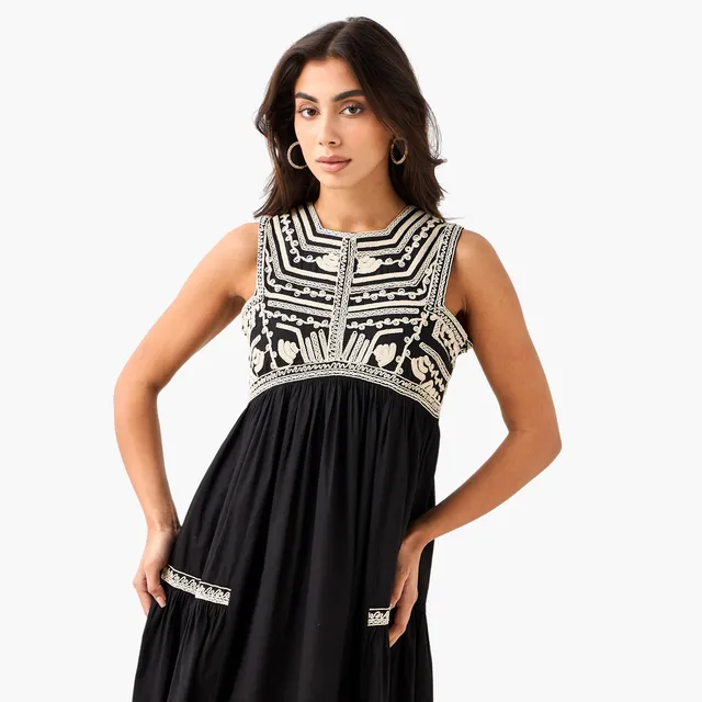 Embroidered Square Neck A-Line Dress – image 6