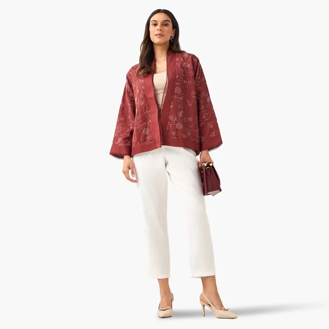 Cotton Blend Embroidered Long-Sleeve Shawl Cardigan – image 4