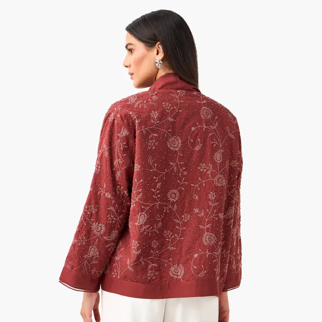 Cotton Blend Embroidered Long-Sleeve Shawl Cardigan – image 5
