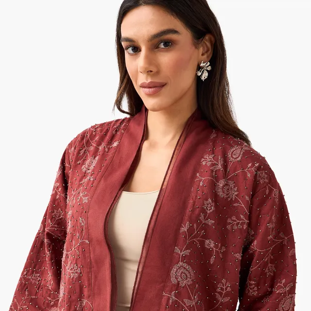 Cotton Blend Embroidered Long-Sleeve Shawl Cardigan – image 6