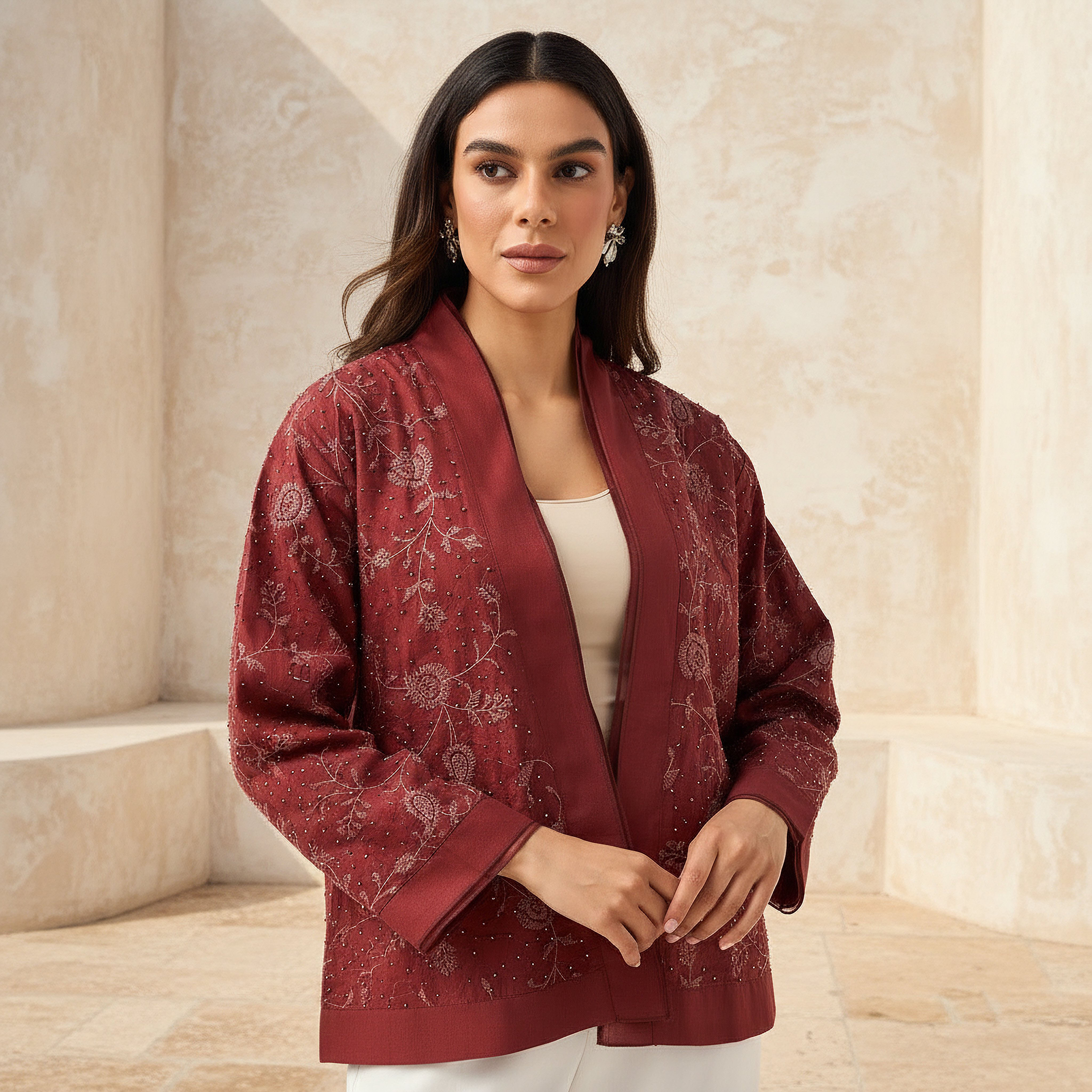 Embellished Jacquard Relaxed Fit Shrug Red
