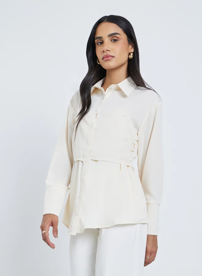 Styli Spread Collar Long Sleeve Shirt Cream