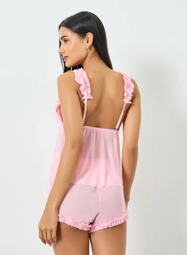 Light Pink Ruffle Trim Cami and Shorts Set (Polyester Blend) – image 5