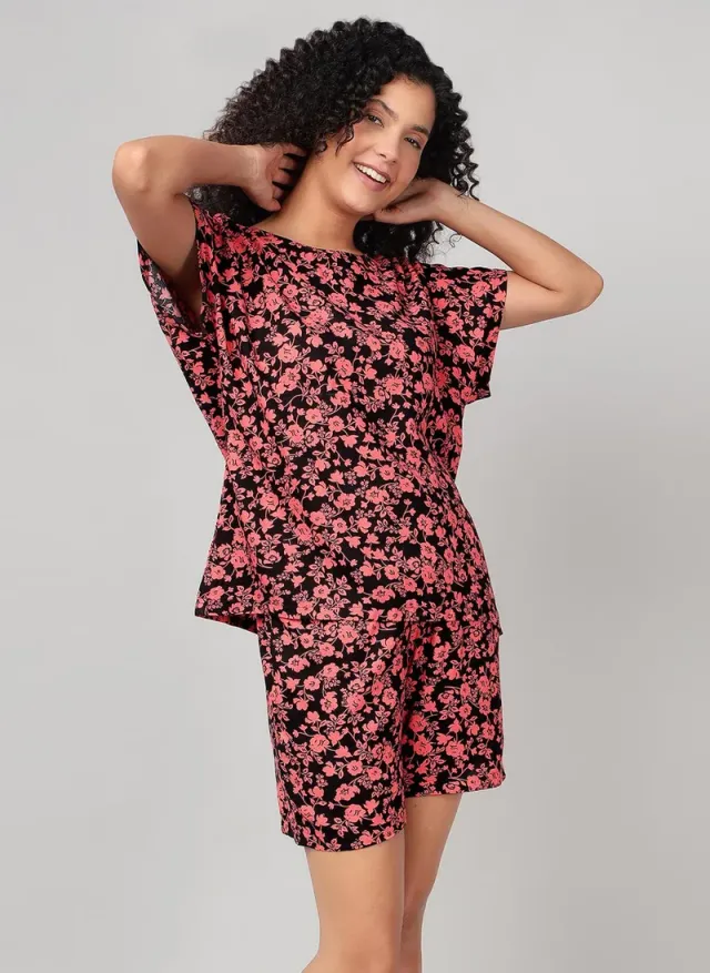 Clovia Floral Print Rayon Top & Shorts Set Black – image 7