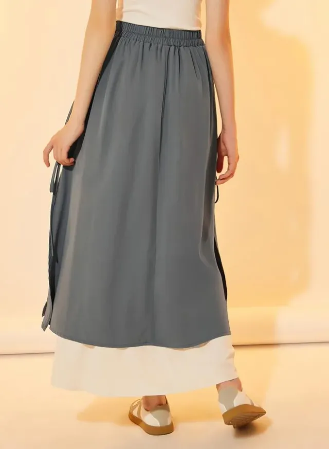 Layered Tie-Up A-Line Maxi Skirt Color Block – image 5