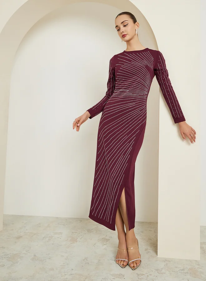 Rhinestone Front Slit Maxi Dress Burgundy