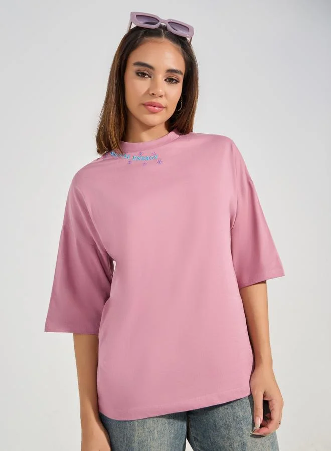 Oversized Embroidered Slogan Cotton T-Shirt Pink