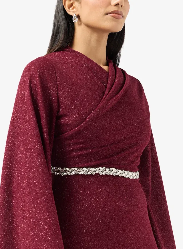 Burgundy Maxi Wrap Dress with Cowl Neck and Long Sleeves – image 3