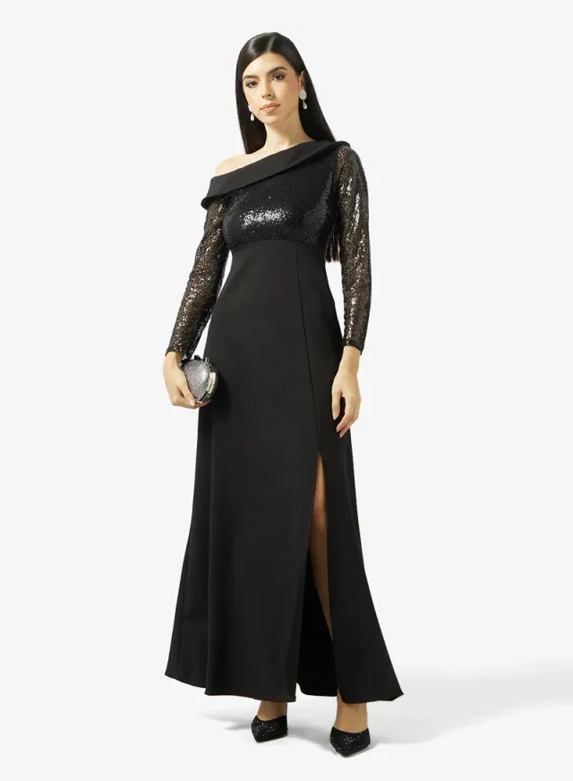Black One-Shoulder Embellished Maxi Dress for Ramadan – image 4