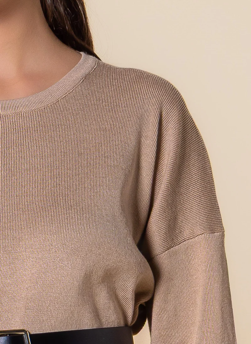 Beige Belted Long-Sleeve Sweater and Full-Length Pants Set
