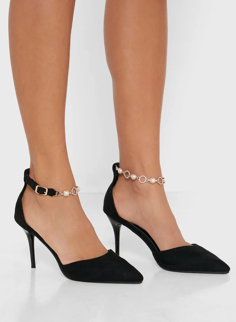 Pearl and Diamante Chain Ankle Strap Pointed Pumps Black