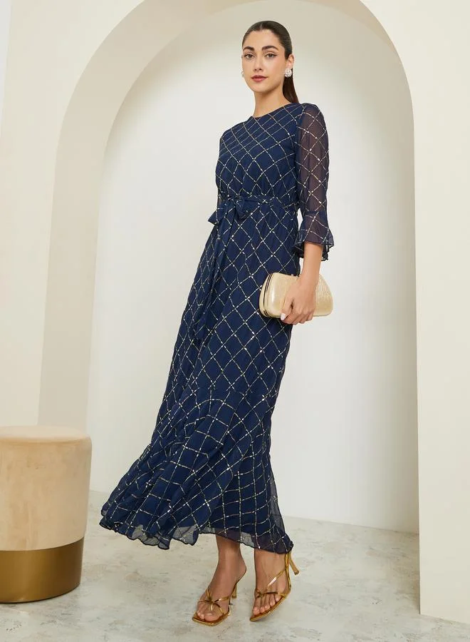 Sequin Embellished 3/4 Sleeve Maxi Dress Blue