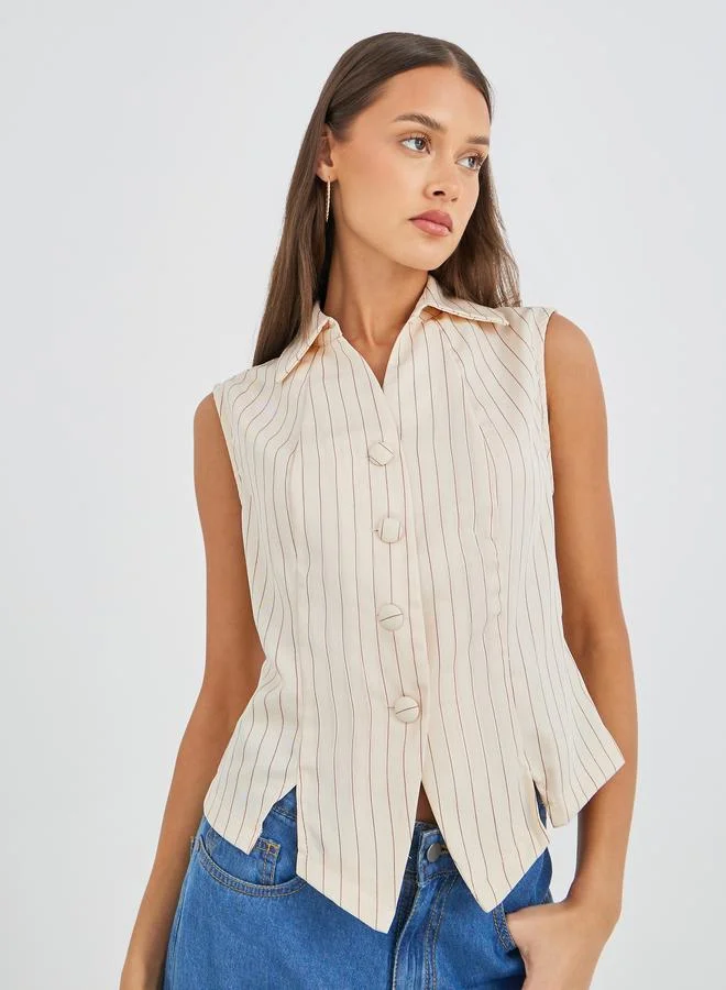 Styli Striped Button Waistcoat Beige