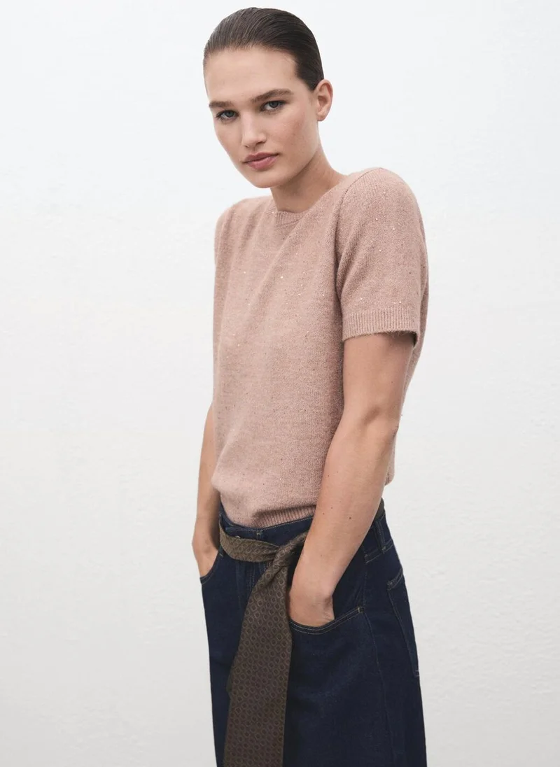 Short-Sleeved Lurex Sweater Light Beige