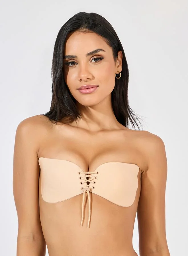 Lace Up Front Fastening Stick On Bra Pale Khaki