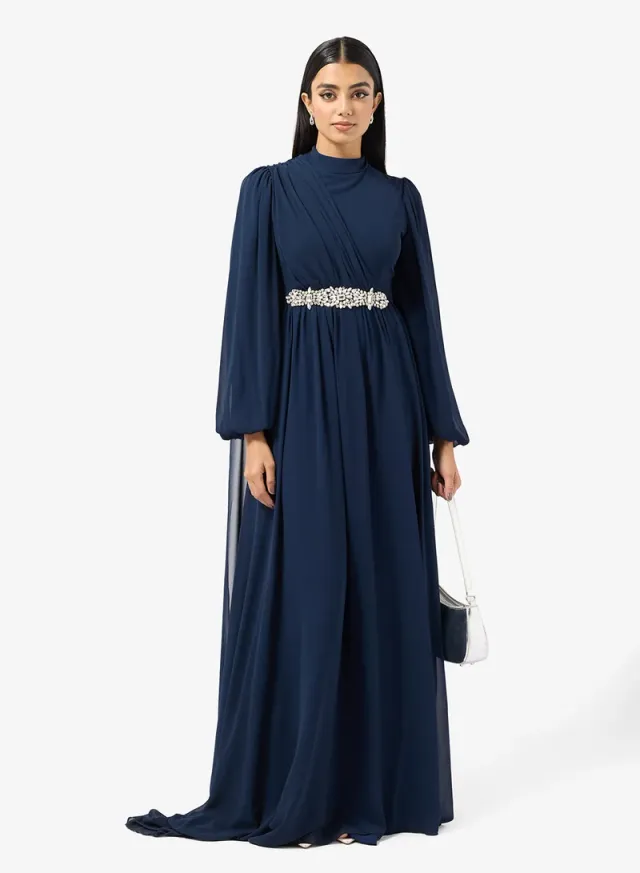 Navy Blue Maxi Dress with Embellished Waist and Trail – image 4