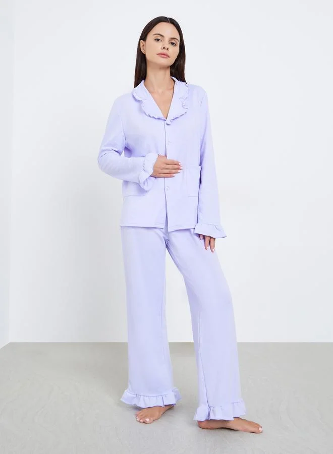 Flounce Neck Pyjama Set Light Orchid